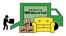 cartoon moving truck with text that says ask about our free move-in truck