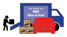 cartoon moving truck with text that says ask about our free move-in truck