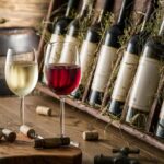 Glasses of white and red wine in wine storage