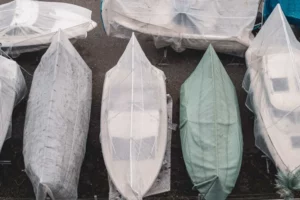 Covered boats in storage