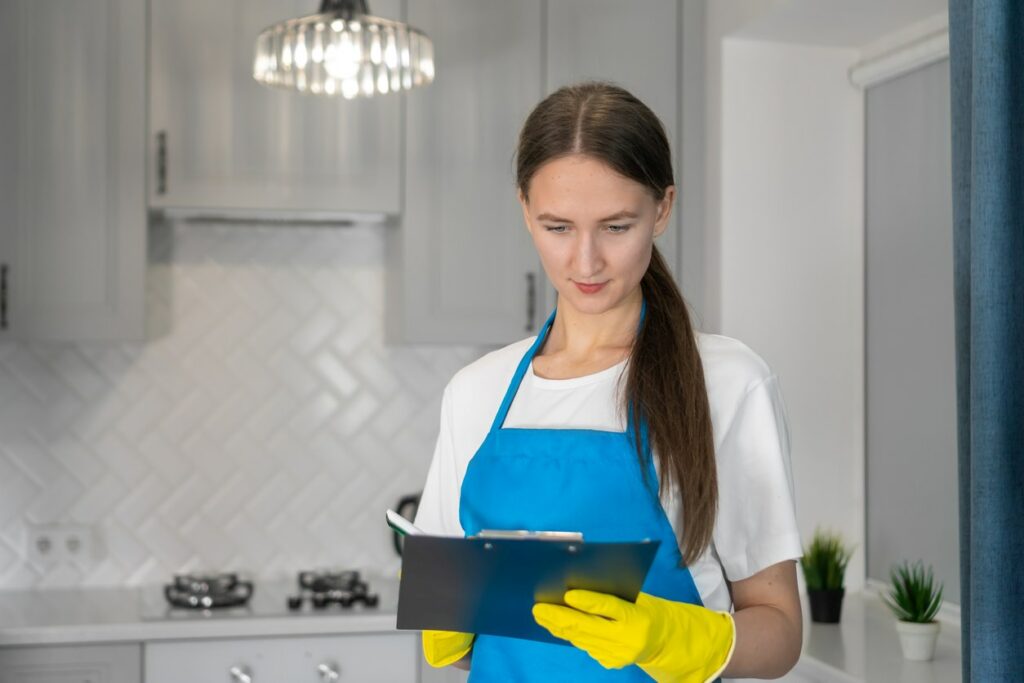 Woman in an apron holding clipboard and checking through cleaning checklist.