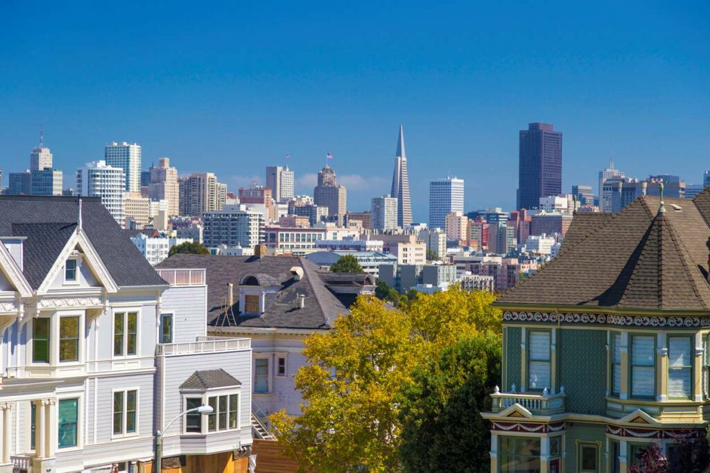 View of the Painted Ladies of San Francisco with downtown in the background.